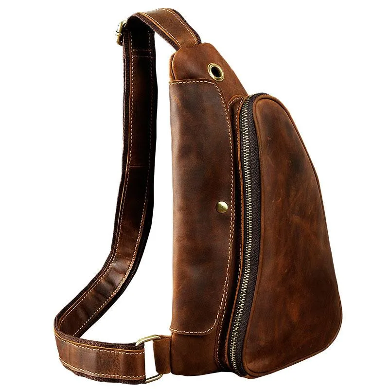 Cool Leather Mens One Shoulder Backpack Sling Bag Chest Bag Sling Backpack for men