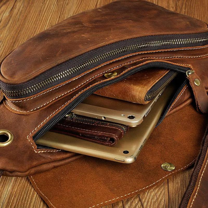 Cool Leather Mens One Shoulder Backpack Sling Bag Chest Bag Sling Backpack for men