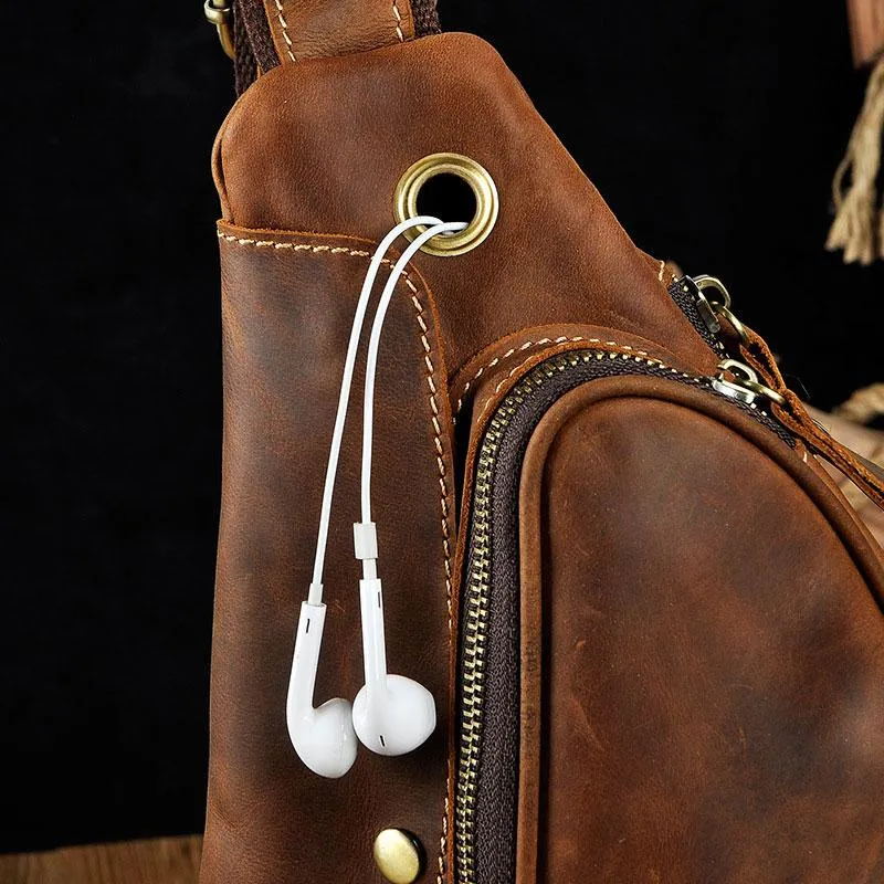 Cool Leather Mens One Shoulder Backpack Sling Bag Chest Bag Sling Backpack for men