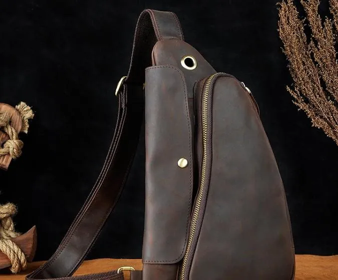 Cool Leather Mens One Shoulder Backpack Sling Bag Chest Bag Sling Backpack for men