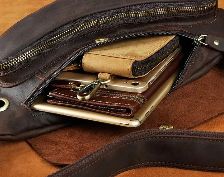 Cool Leather Mens One Shoulder Backpack Sling Bag Chest Bag Sling Backpack for men