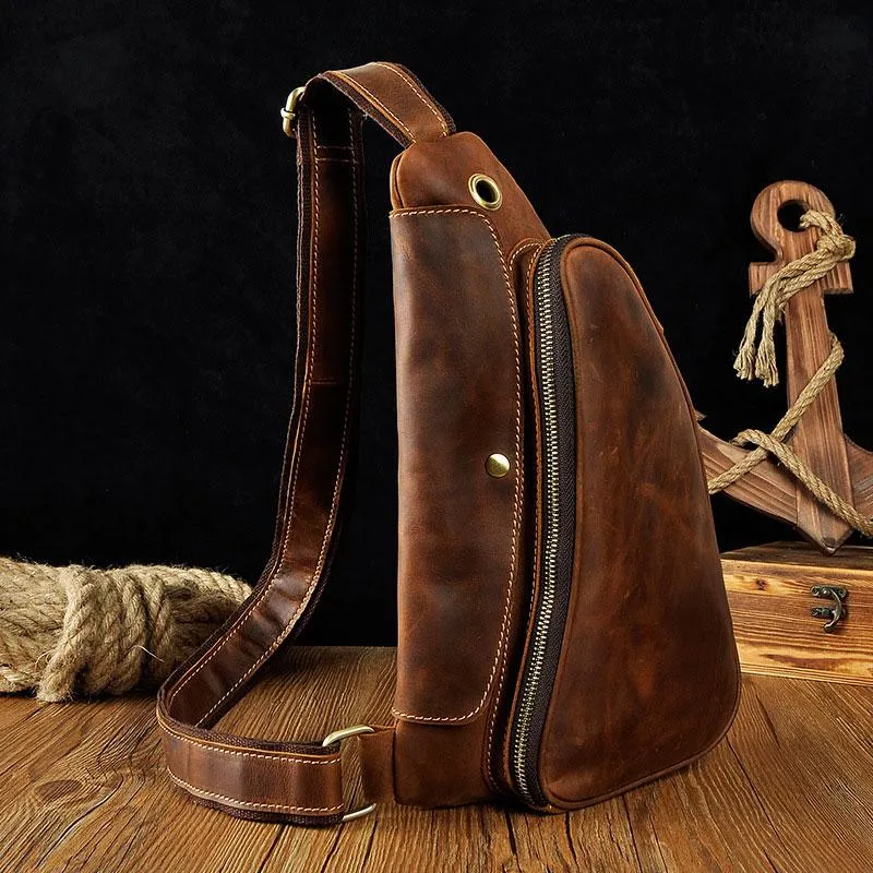 Cool Leather Mens One Shoulder Backpack Sling Bag Chest Bag Sling Backpack for men