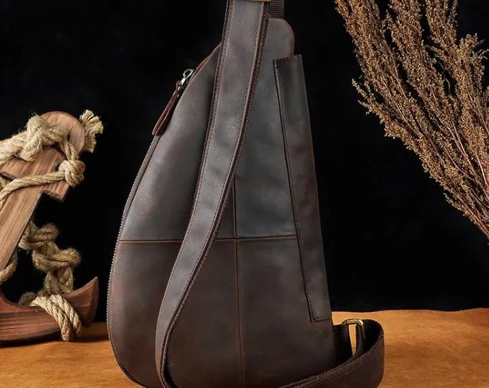 Cool Leather Mens One Shoulder Backpack Sling Bag Chest Bag Sling Backpack for men
