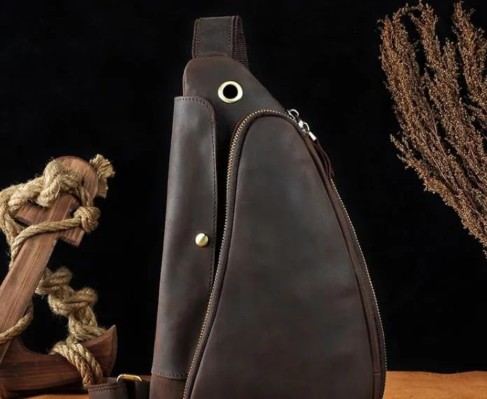 Cool Leather Mens One Shoulder Backpack Sling Bag Chest Bag Sling Backpack for men