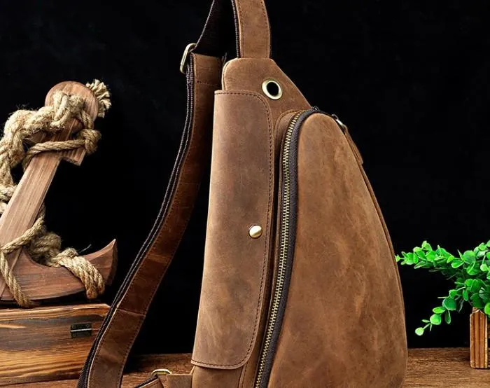 Cool Leather Mens One Shoulder Backpack Sling Bag Chest Bag Sling Backpack for men