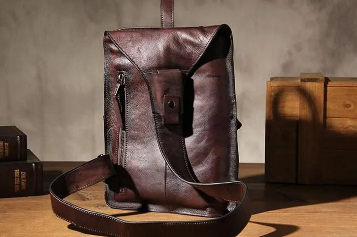 Cool Vintage Leather Coffee Mens Sling Bag Shoulder Bag Chest Bag for Men