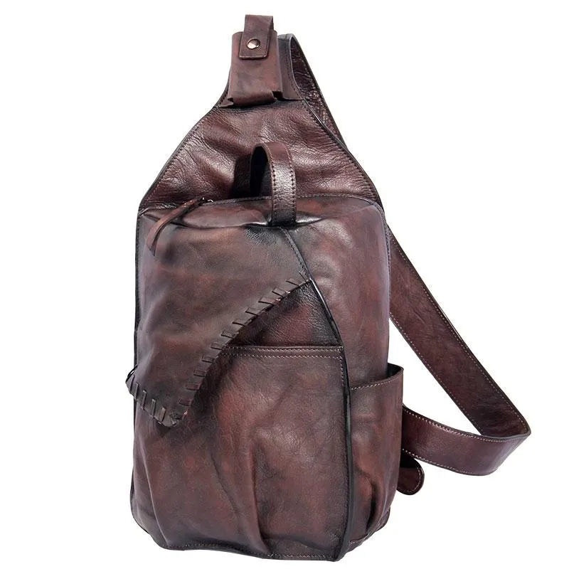 Cool Vintage Leather Coffee Mens Sling Bag Shoulder Bag Chest Bag for Men