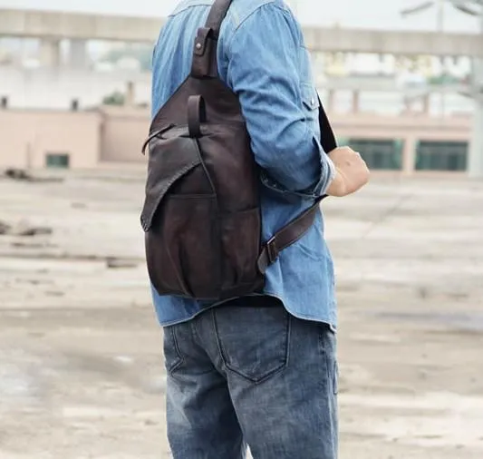 Cool Vintage Leather Coffee Mens Sling Bag Shoulder Bag Chest Bag for Men