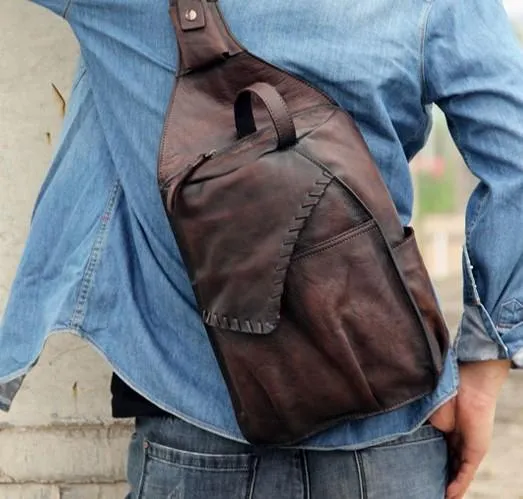 Cool Vintage Leather Coffee Mens Sling Bag Shoulder Bag Chest Bag for Men