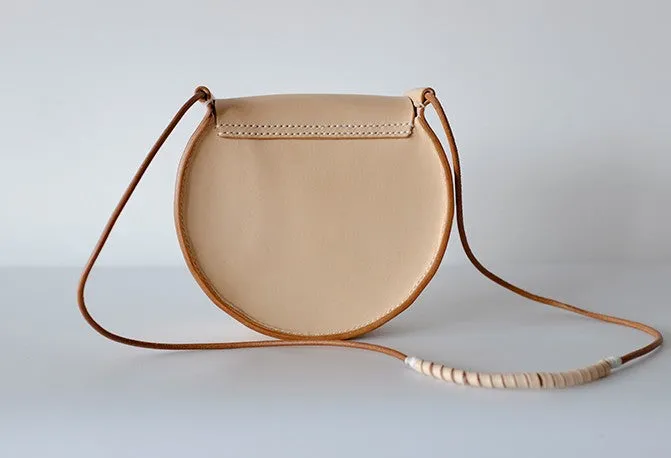 Cute Leather Beige Womens Small Round Saddle Crossbody Purse Shoulder Bag for Women