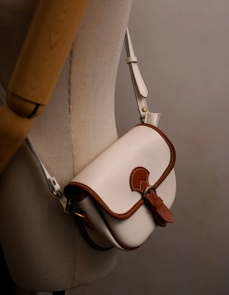 Cute Saddle Black LEATHER Side Bag White WOMEN Contrast Color Saddle SHOULDER BAG Small Crossbody Purse FOR WOMEN