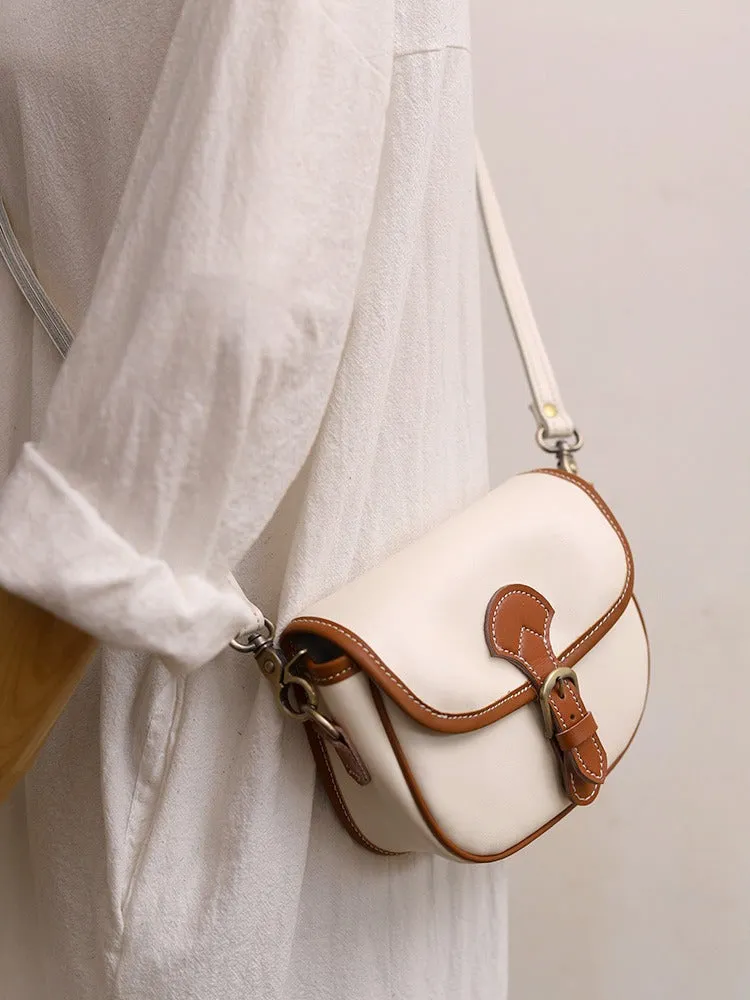Cute Saddle Black LEATHER Side Bag White WOMEN Contrast Color Saddle SHOULDER BAG Small Crossbody Purse FOR WOMEN
