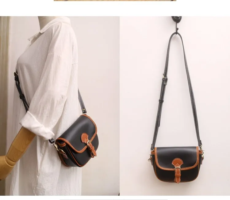 Cute Saddle Black LEATHER Side Bag White WOMEN Contrast Color Saddle SHOULDER BAG Small Crossbody Purse FOR WOMEN