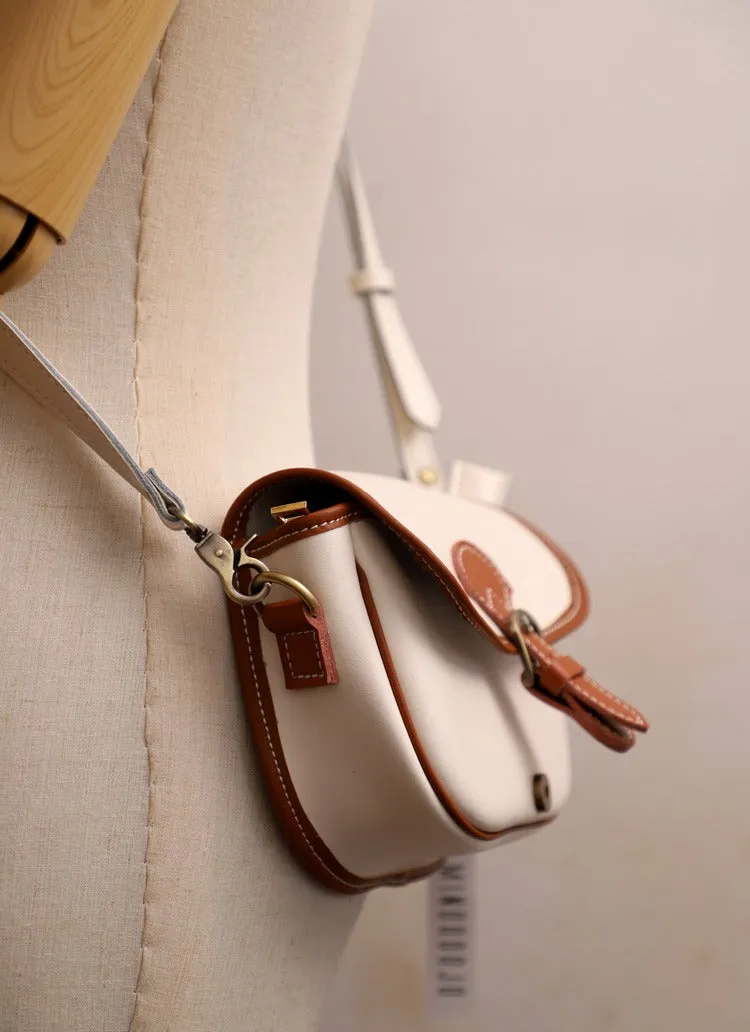 Cute Saddle Black LEATHER Side Bag White WOMEN Contrast Color Saddle SHOULDER BAG Small Crossbody Purse FOR WOMEN