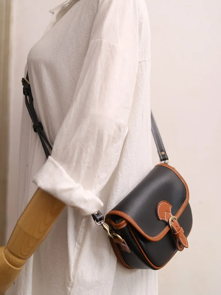 Cute Saddle Black LEATHER Side Bag White WOMEN Contrast Color Saddle SHOULDER BAG Small Crossbody Purse FOR WOMEN