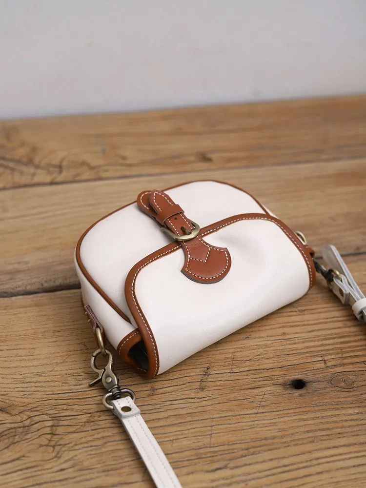 Cute Saddle Black LEATHER Side Bag White WOMEN Contrast Color Saddle SHOULDER BAG Small Crossbody Purse FOR WOMEN