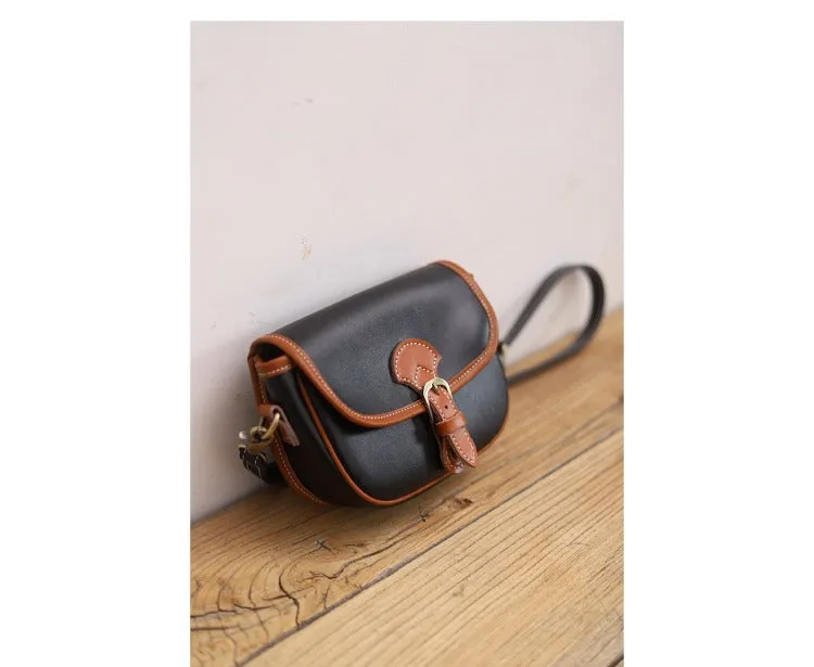 Cute Saddle Black LEATHER Side Bag White WOMEN Contrast Color Saddle SHOULDER BAG Small Crossbody Purse FOR WOMEN
