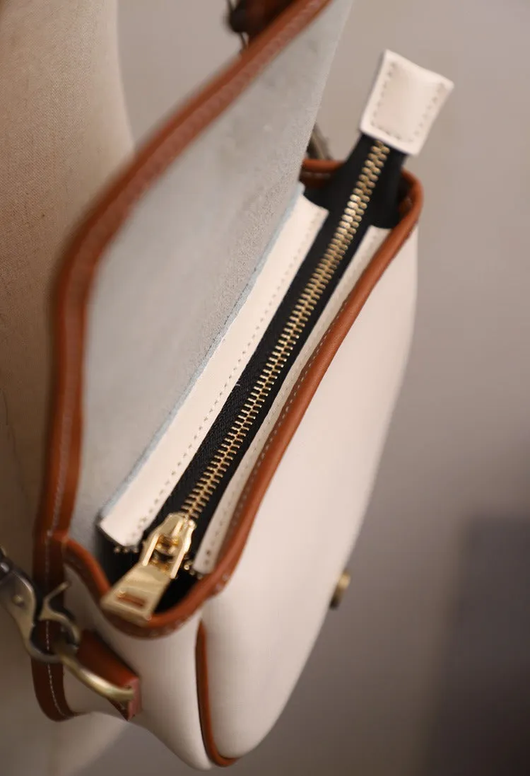 Cute Saddle Black LEATHER Side Bag White WOMEN Contrast Color Saddle SHOULDER BAG Small Crossbody Purse FOR WOMEN