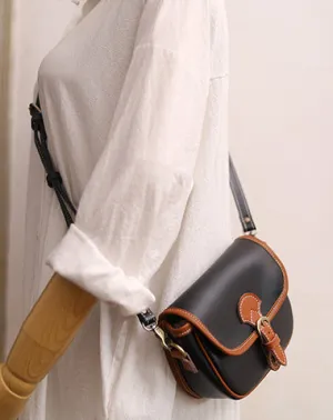 Cute Saddle Black LEATHER Side Bag White WOMEN Contrast Color Saddle SHOULDER BAG Small Crossbody Purse FOR WOMEN