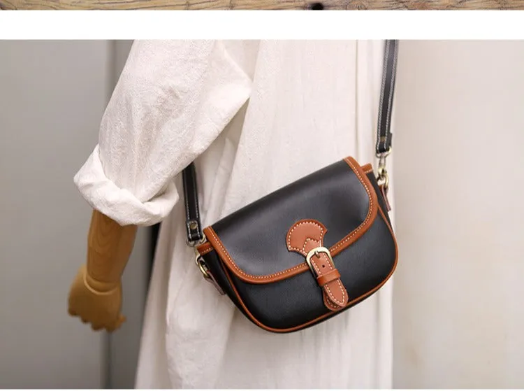 Cute Saddle Black LEATHER Side Bag White WOMEN Contrast Color Saddle SHOULDER BAG Small Crossbody Purse FOR WOMEN