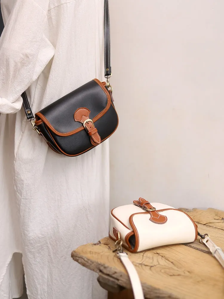 Cute Saddle Black LEATHER Side Bag White WOMEN Contrast Color Saddle SHOULDER BAG Small Crossbody Purse FOR WOMEN