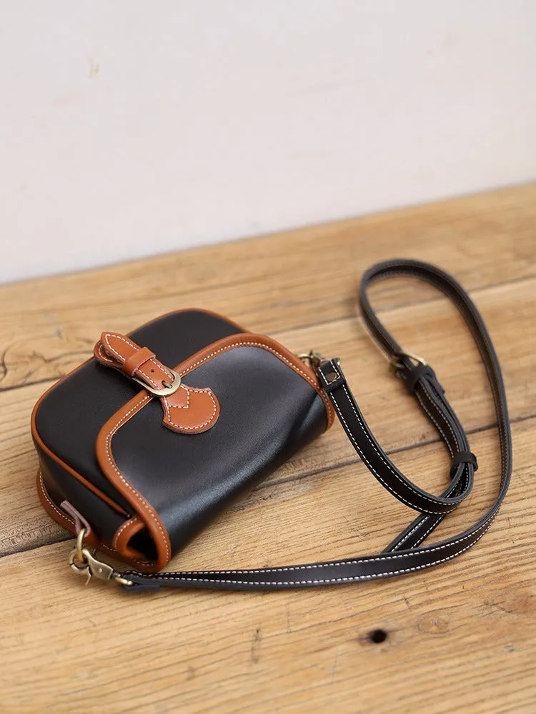 Cute Saddle Black LEATHER Side Bag White WOMEN Contrast Color Saddle SHOULDER BAG Small Crossbody Purse FOR WOMEN