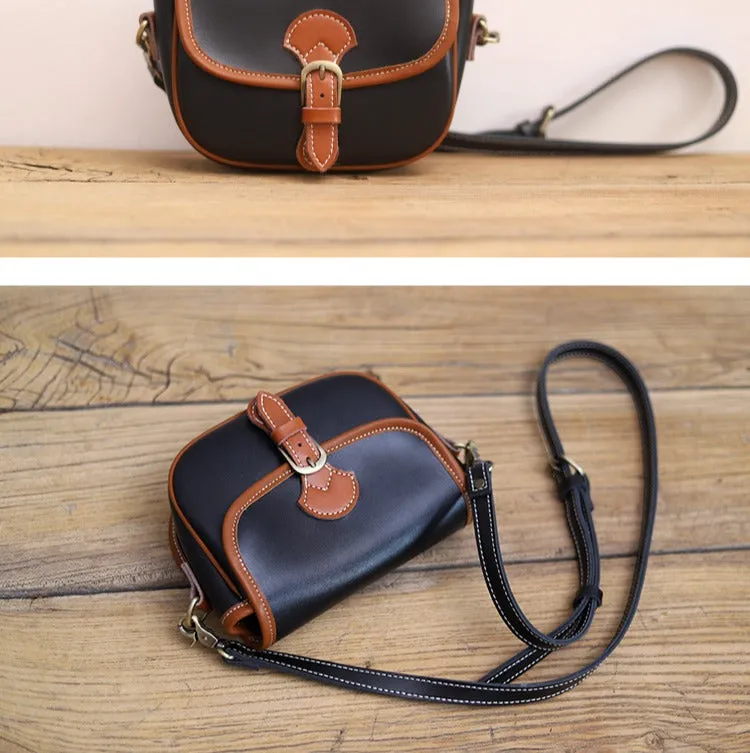 Cute Saddle Black LEATHER Side Bag White WOMEN Contrast Color Saddle SHOULDER BAG Small Crossbody Purse FOR WOMEN