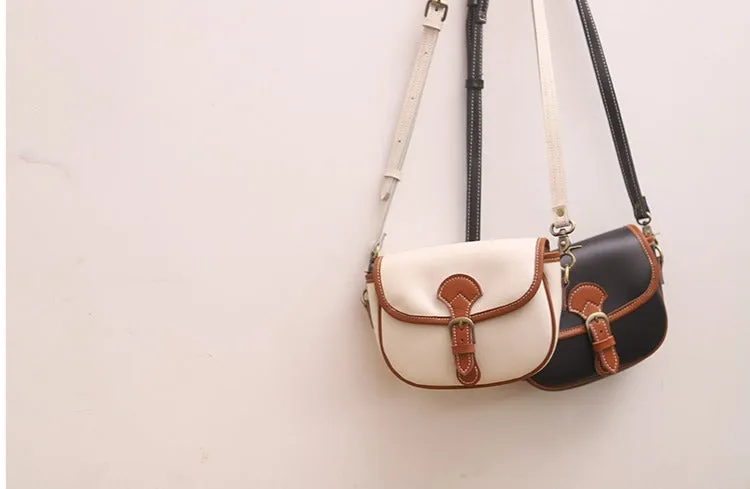 Cute Saddle Black LEATHER Side Bag White WOMEN Contrast Color Saddle SHOULDER BAG Small Crossbody Purse FOR WOMEN