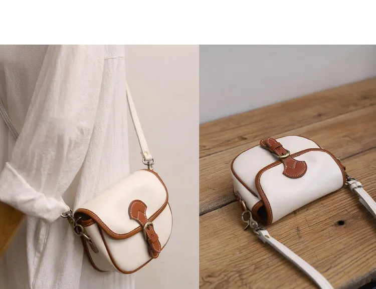 Cute Saddle Black LEATHER Side Bag White WOMEN Contrast Color Saddle SHOULDER BAG Small Crossbody Purse FOR WOMEN