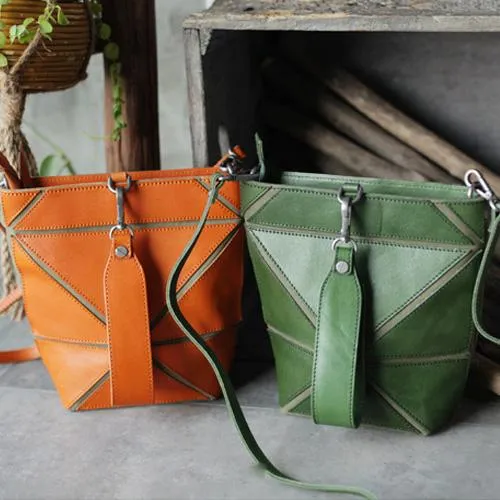 Cute Small Green Womens Leather Bucket Handbag Clutch Brown Leather Bucket Side Bag Shoulder Bag