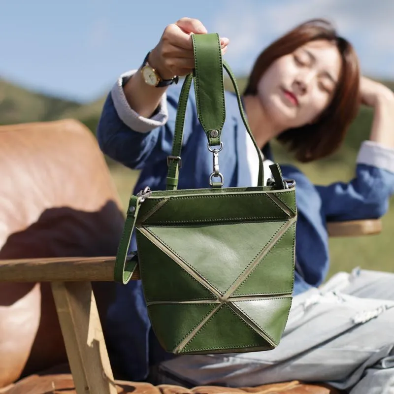 Cute Small Green Womens Leather Bucket Handbag Clutch Brown Leather Bucket Side Bag Shoulder Bag