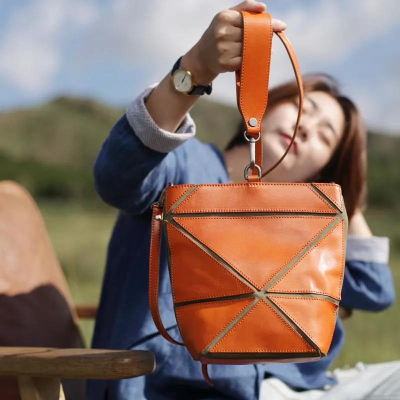 Cute Small Green Womens Leather Bucket Handbag Clutch Brown Leather Bucket Side Bag Shoulder Bag