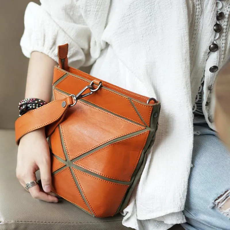 Cute Small Green Womens Leather Bucket Handbag Clutch Brown Leather Bucket Side Bag Shoulder Bag