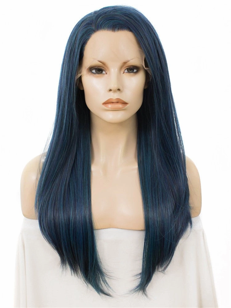 Dark Blue Long Straight Synthetic Lace Front Daily Wig