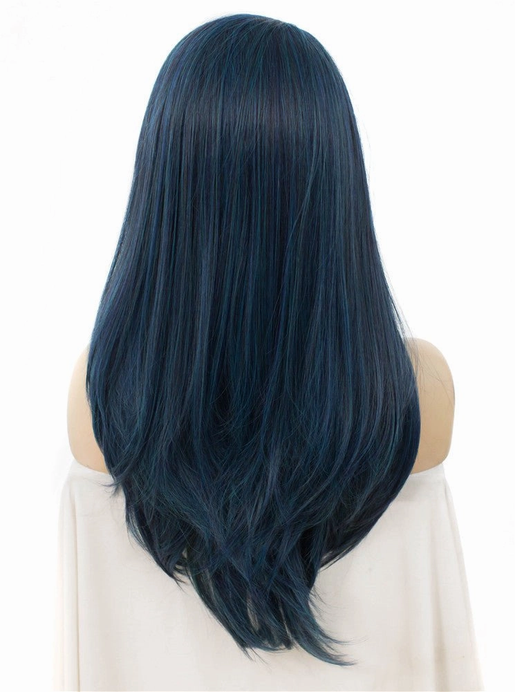 Dark Blue Long Straight Synthetic Lace Front Daily Wig