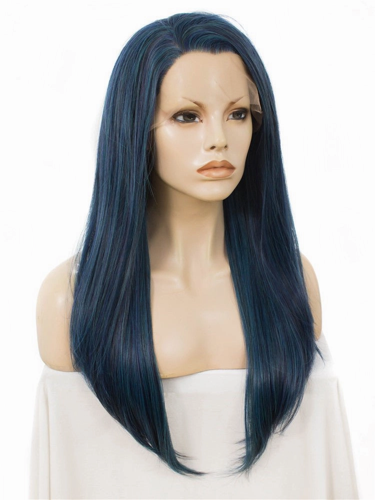 Dark Blue Long Straight Synthetic Lace Front Daily Wig