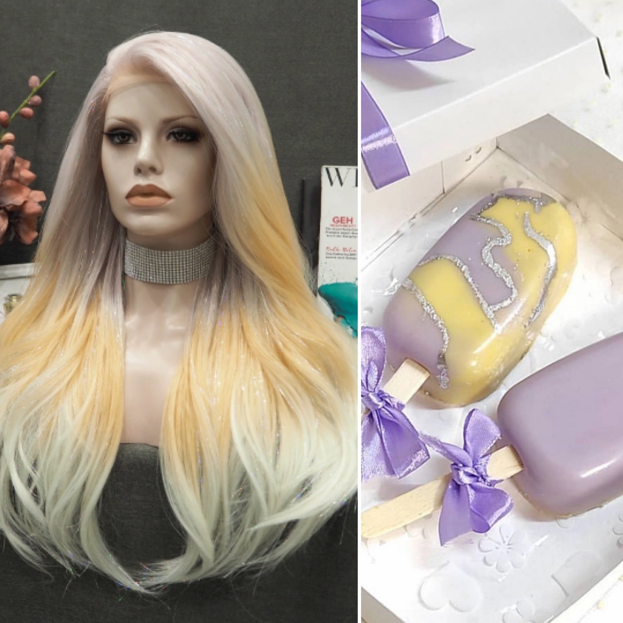 Demi - Light Pink to Blonde Cyan Ombre with Tinsel  Long Straight Synthetic Lace Front Wig