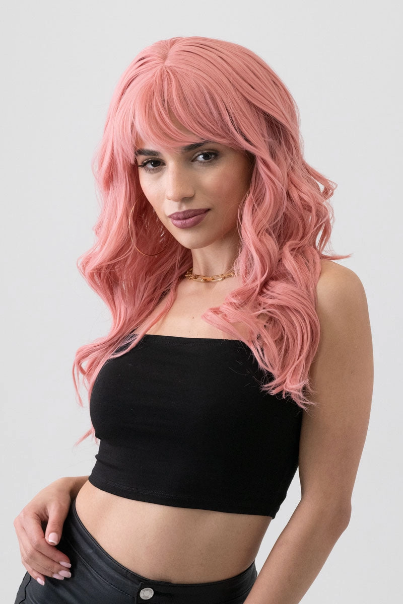 Dusty pastel pink wig with long cascading waves: Rosalie