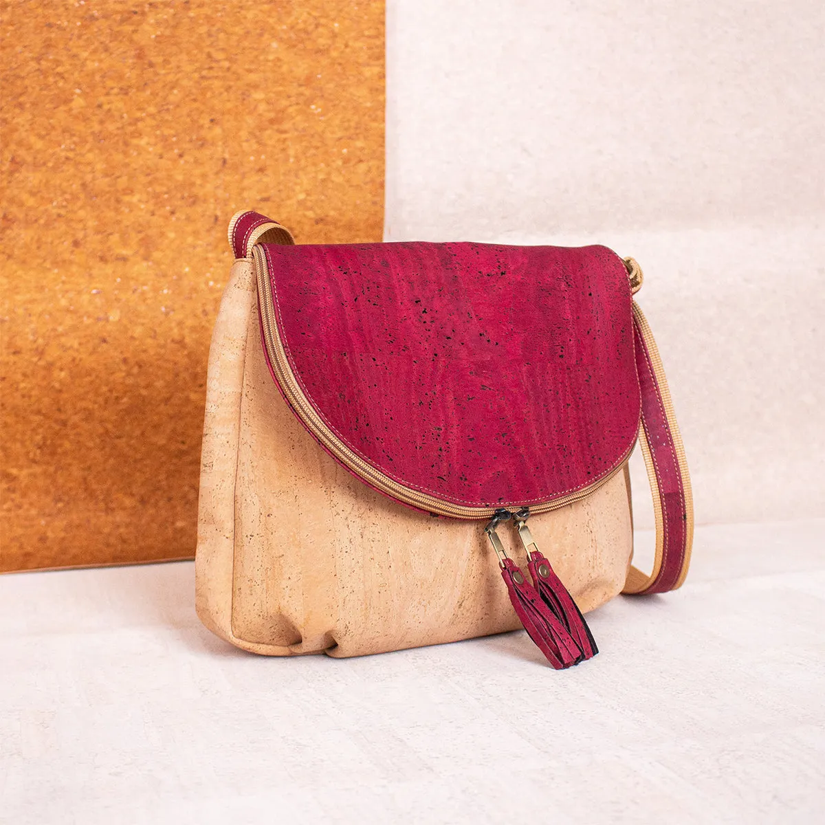 Elegant Cork Crossbody Bag ?C Natural & Colorful Tassel Flap Shoulder Purse BAGP-026