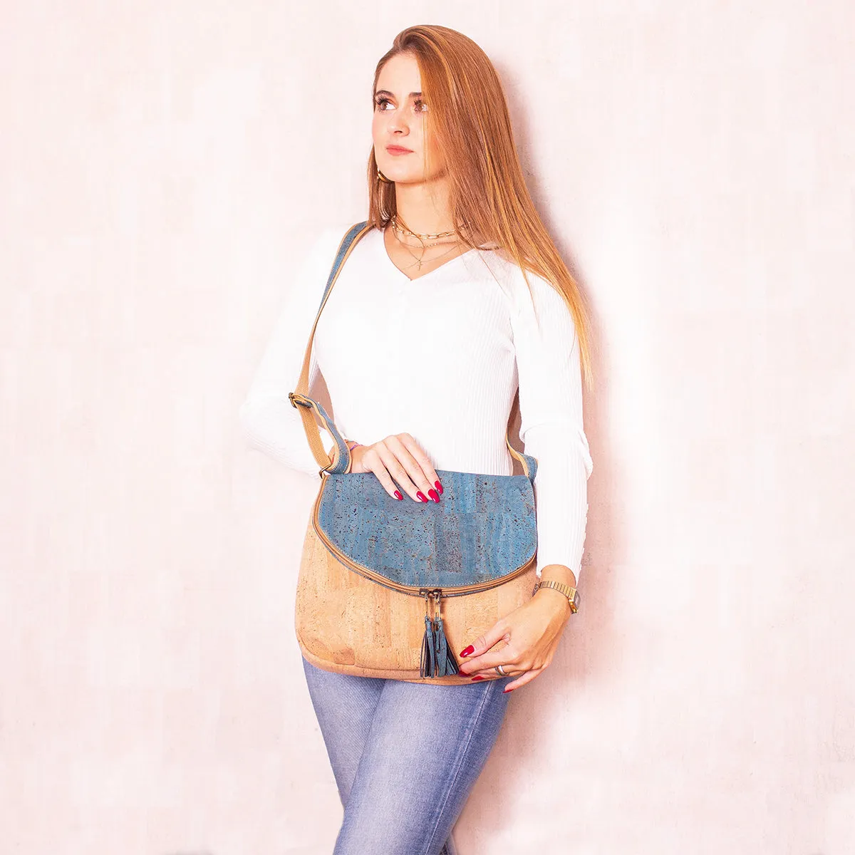 Elegant Cork Crossbody Bag ?C Natural & Colorful Tassel Flap Shoulder Purse BAGP-026
