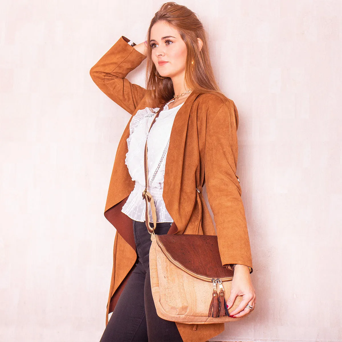 Elegant Cork Crossbody Bag ?C Natural & Colorful Tassel Flap Shoulder Purse BAGP-026