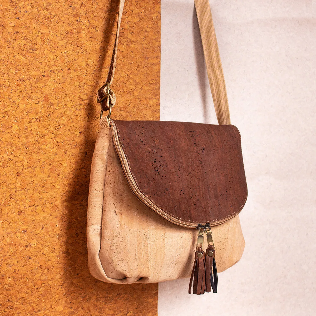 Elegant Cork Crossbody Bag ?C Natural & Colorful Tassel Flap Shoulder Purse BAGP-026