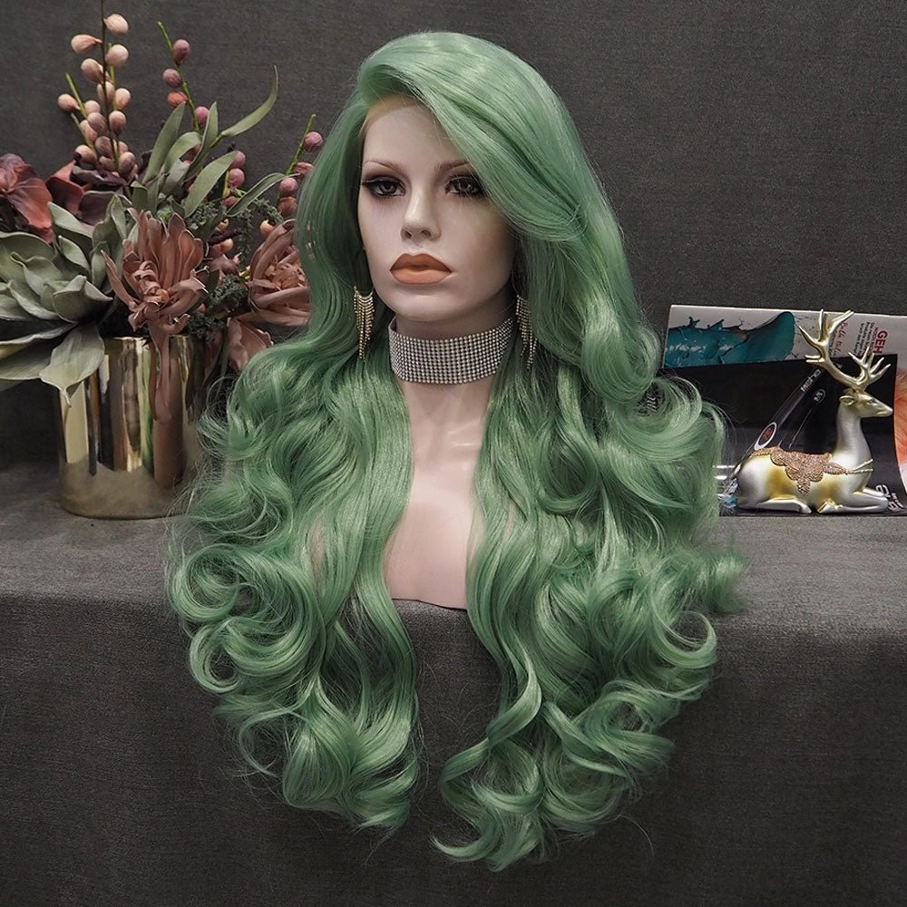 Emerald -Green Long Wavy Synthetic Lace Front Wig