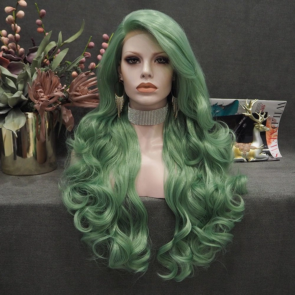 Emerald -Green Long Wavy Synthetic Lace Front Wig