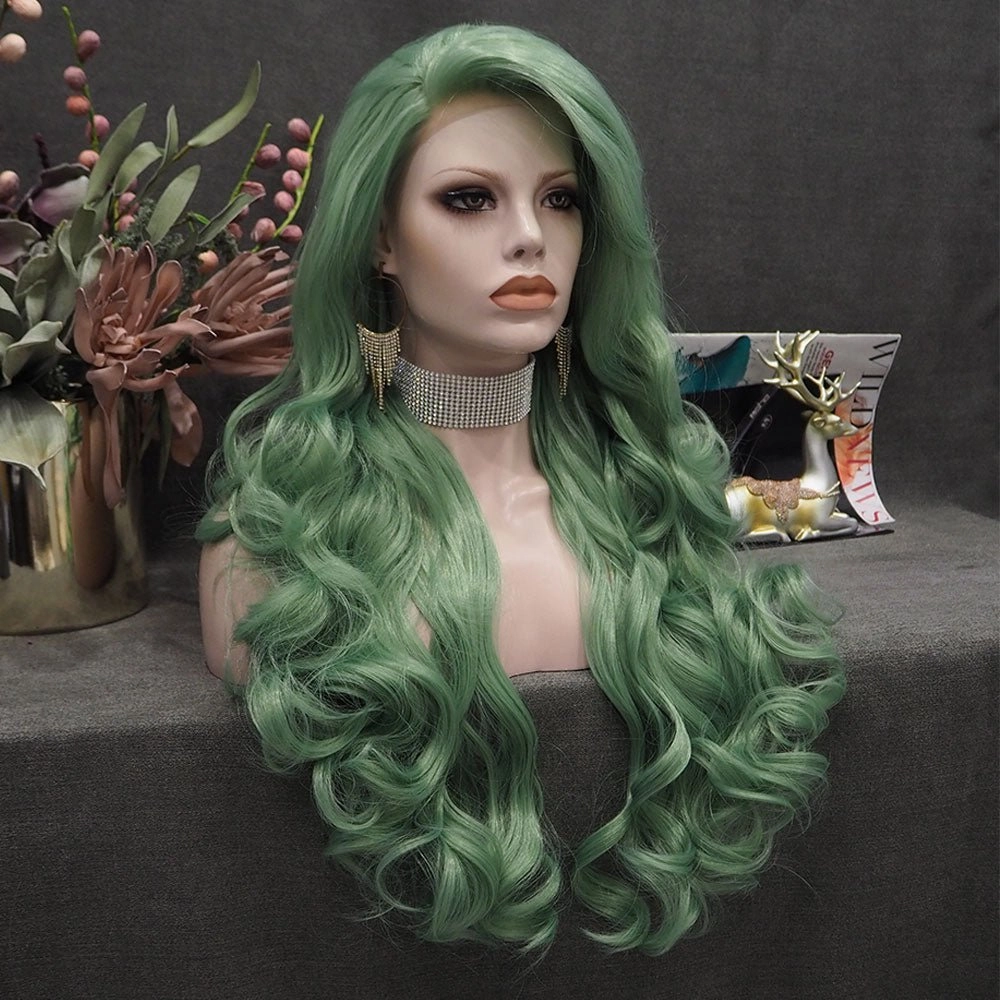 Emerald -Green Long Wavy Synthetic Lace Front Wig