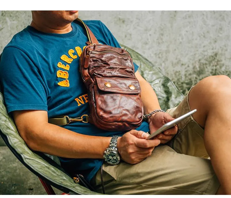 Fashion Black Leather Men Sling Bag Chest Bag Army Green Leather Sling Pack One Shoulder Backpack For Men
