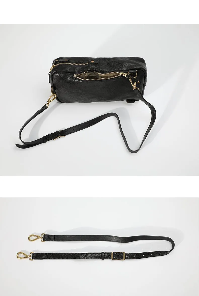 FASHION BLACK LEATHER MEN'S 10 INCHES SLING BAG ONE SHOULDER MESSENGER BAG CHEST BAG DIAGONAL BAG FOR MEN