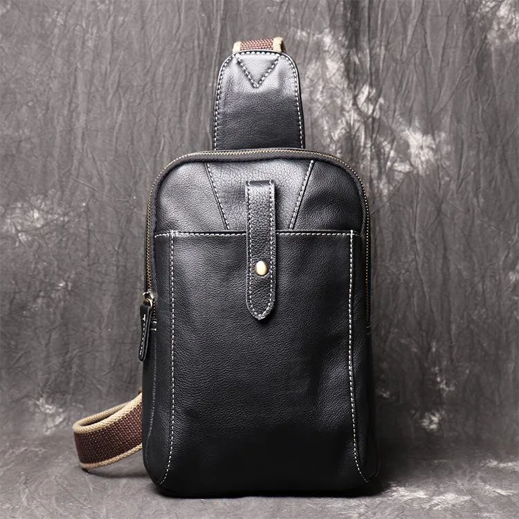 Fashion Black Leather Sling Backpack Men's Sling Bag Black Chest Bag One shoulder Backpack Black Sling Pack For Men