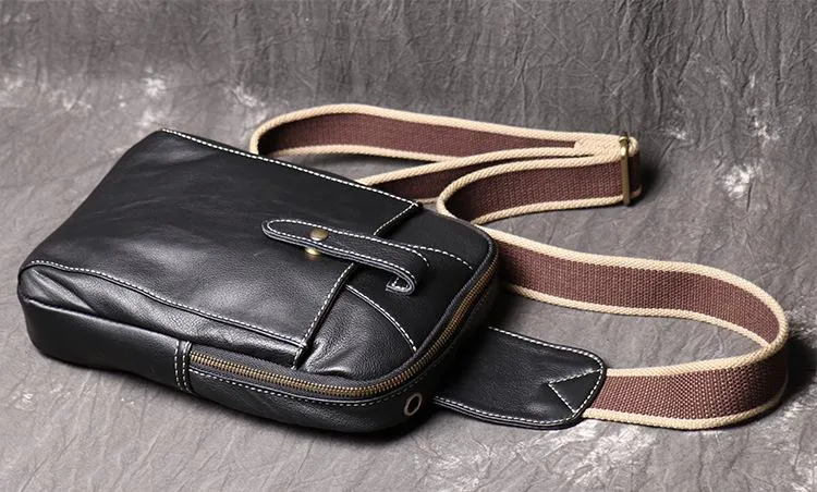 Fashion Black Leather Sling Backpack Men's Sling Bag Black Chest Bag One shoulder Backpack Black Sling Pack For Men