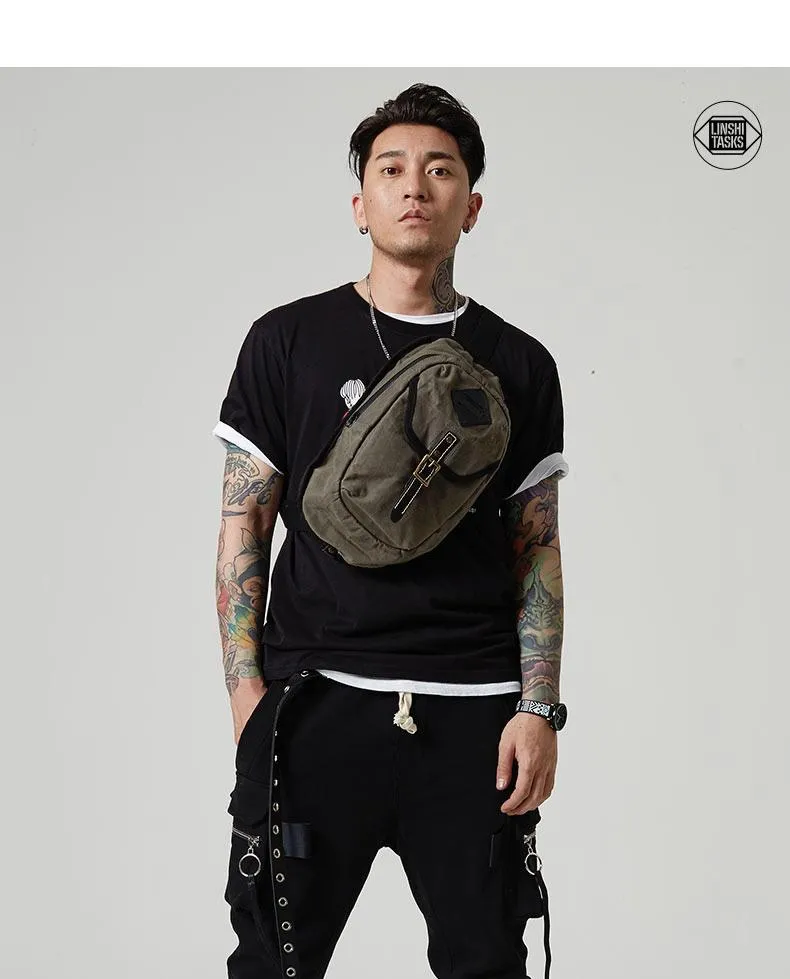 Fashion Waxed Canvas Mens Sling Bag Canvas Sling Pack Blue Canvas Sling Backpack for Men
